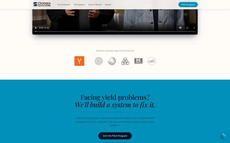 Aerogen Systems closing homepage design evidence. Visible section: Facing yield problems? We'll build a system to fix it.