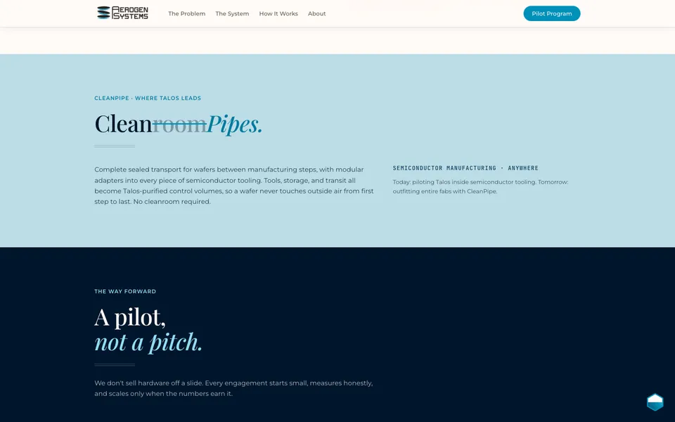 Aerogen Systems mid-page homepage design evidence. Visible section: Clean room Pipes. · A pilot, not a pitch.