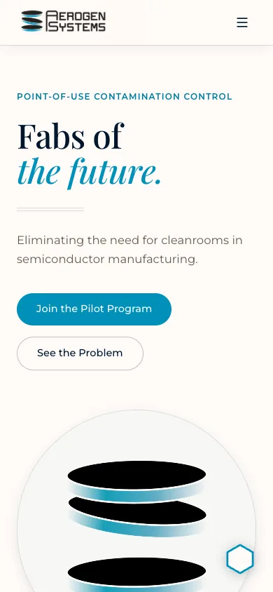 Aerogen Systems mobile homepage design evidence. Visible section: Fabs of the future.