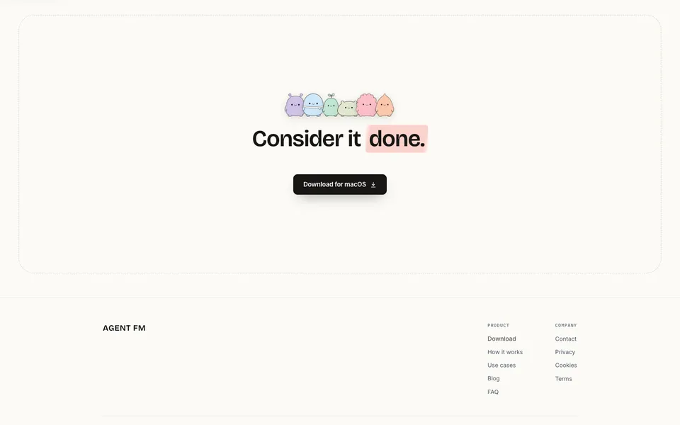 Agent FM closing homepage design evidence. Closing viewport evidence; animated text state captured.
