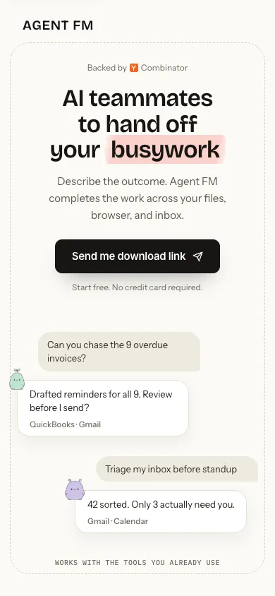 Agent FM mobile homepage design evidence. Mobile viewport evidence; animated text state captured.