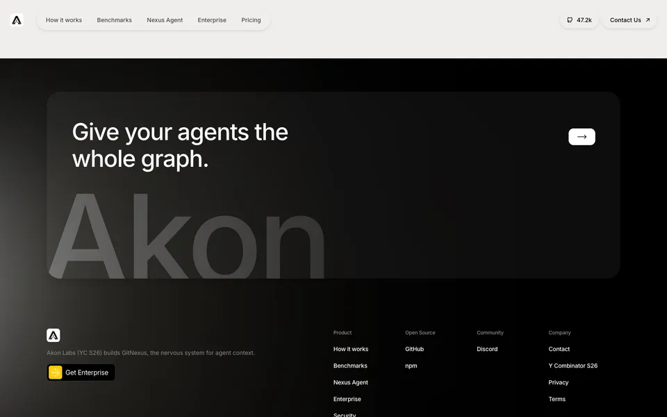 Akon Labs closing homepage design evidence. Closing viewport evidence; animated text state captured.
