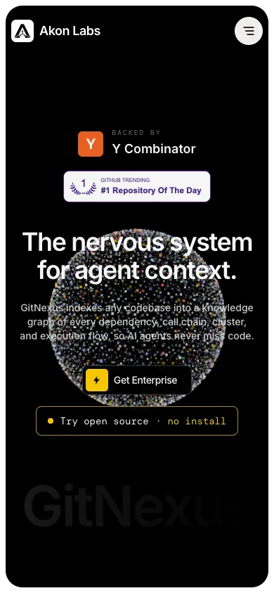 Akon Labs mobile homepage design evidence. Mobile viewport evidence; animated text state captured.