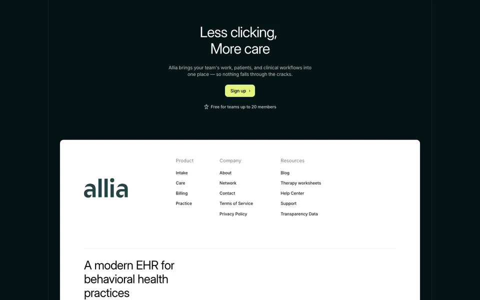 Allia Health closing homepage design evidence. Visible section: Less clicking, More care