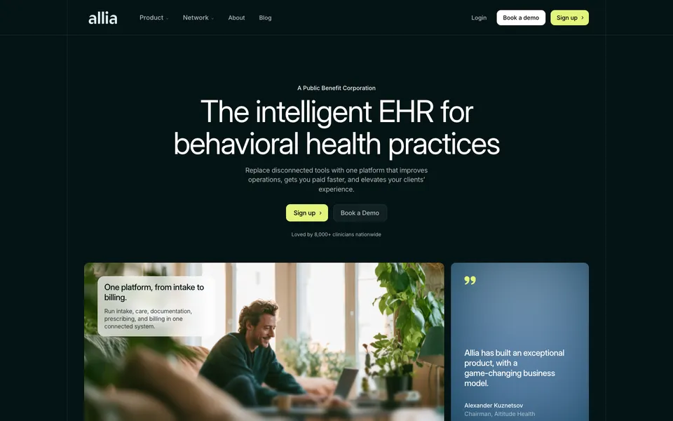 Allia Health hero homepage design evidence. Hero viewport evidence
