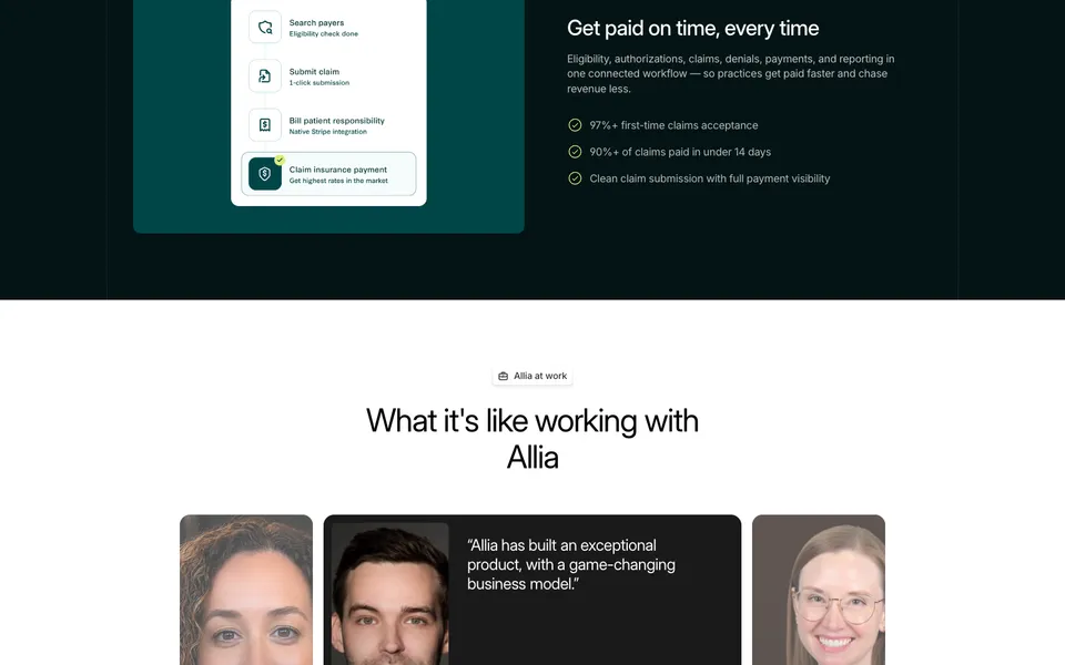 Allia Health mid-page homepage design evidence. Mid-page viewport evidence