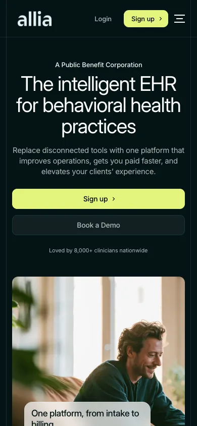 Allia Health mobile homepage design evidence. Mobile viewport evidence