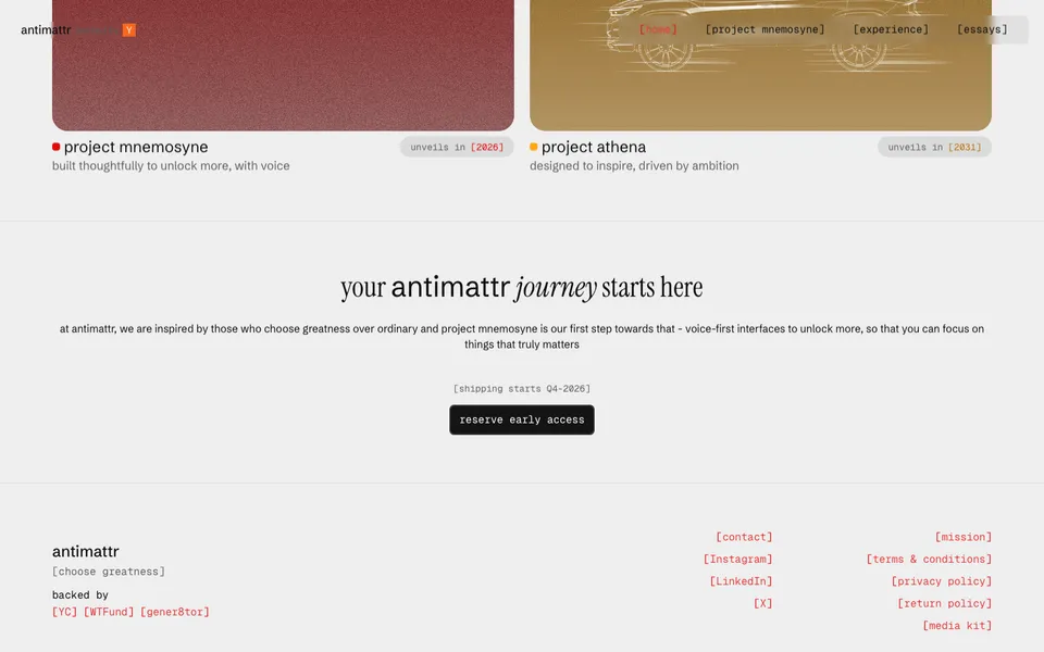 antimattr closing homepage design evidence. Closing viewport evidence; animated text state captured.