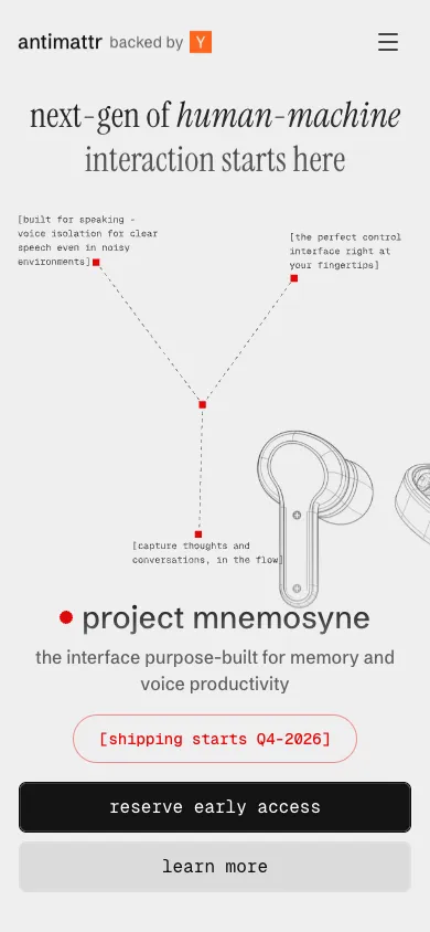 antimattr mobile homepage design evidence. Mobile viewport evidence; animated text state captured.