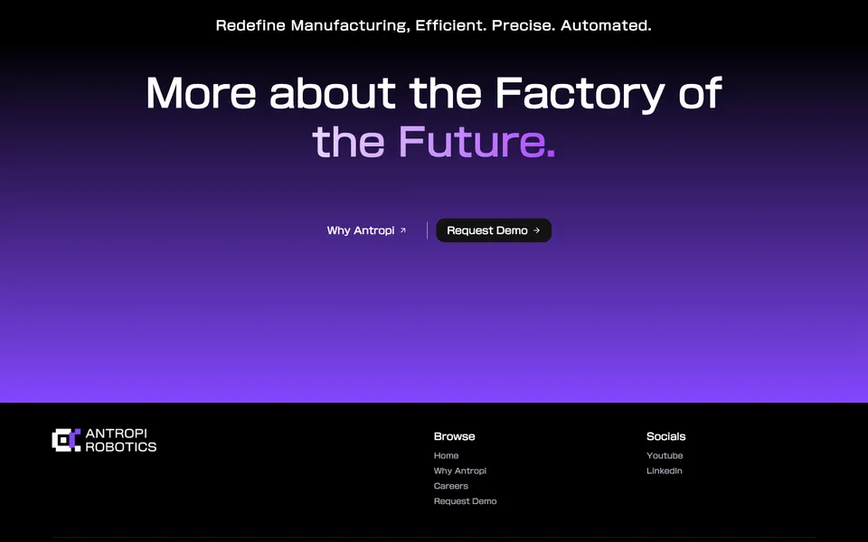 Antropi Robotics closing homepage design evidence. Closing viewport evidence; animated text state captured.