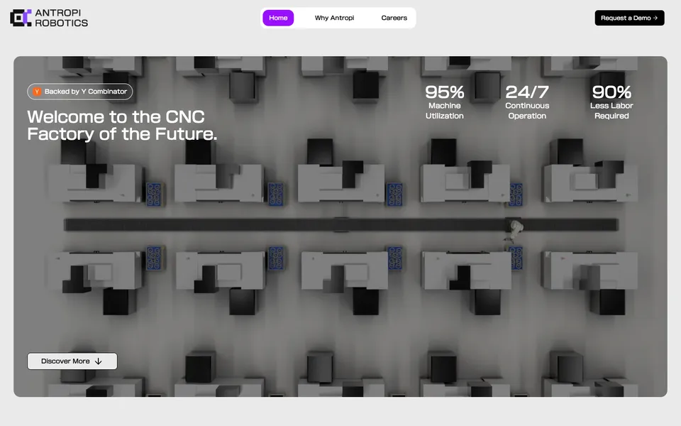 Antropi Robotics hero homepage design evidence. Hero viewport evidence; animated text state captured.