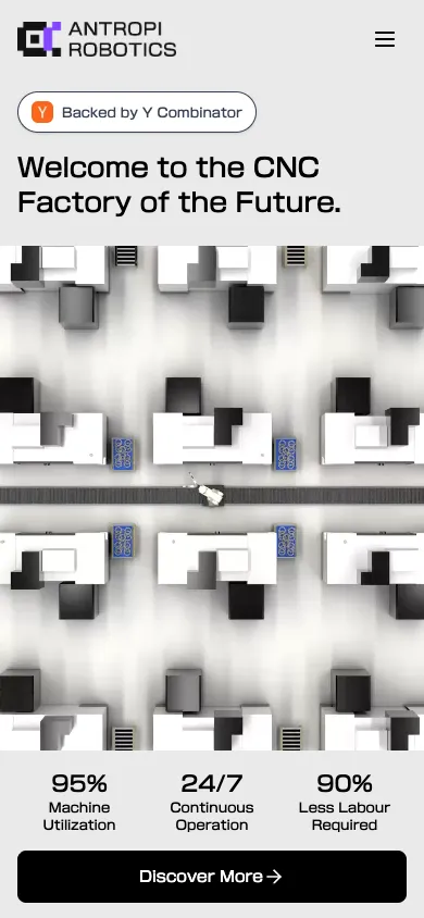 Antropi Robotics mobile homepage design evidence. Mobile viewport evidence; animated text state captured.