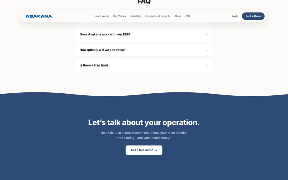 Asakana closing homepage design evidence. Visible section: FAQ · Let’s talk about your operation.