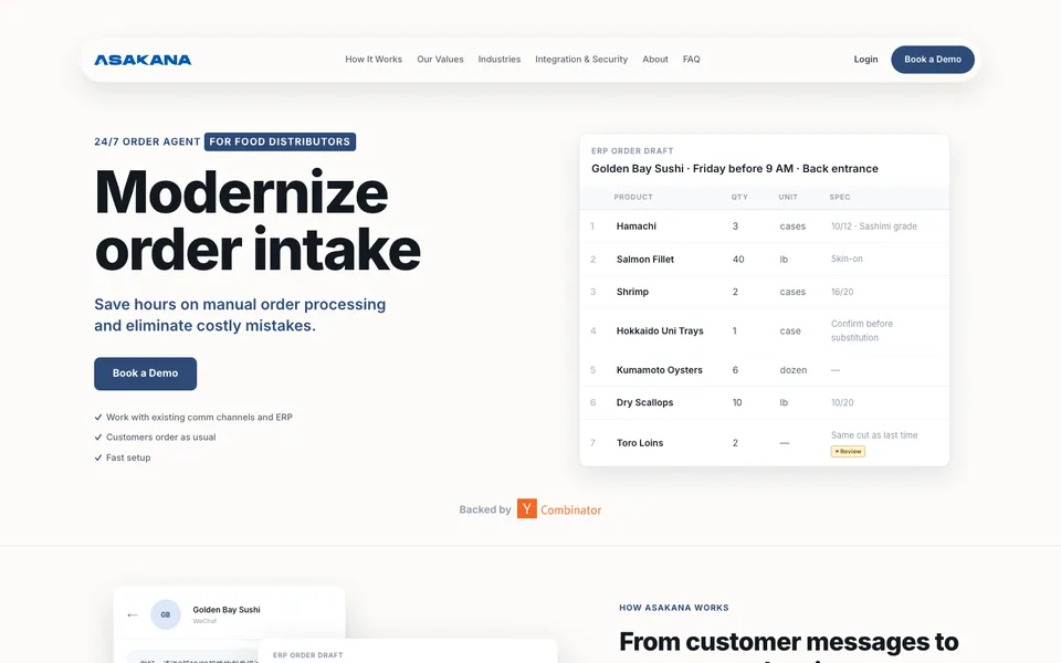 Asakana hero homepage design evidence. Visible section: Modernize order intake