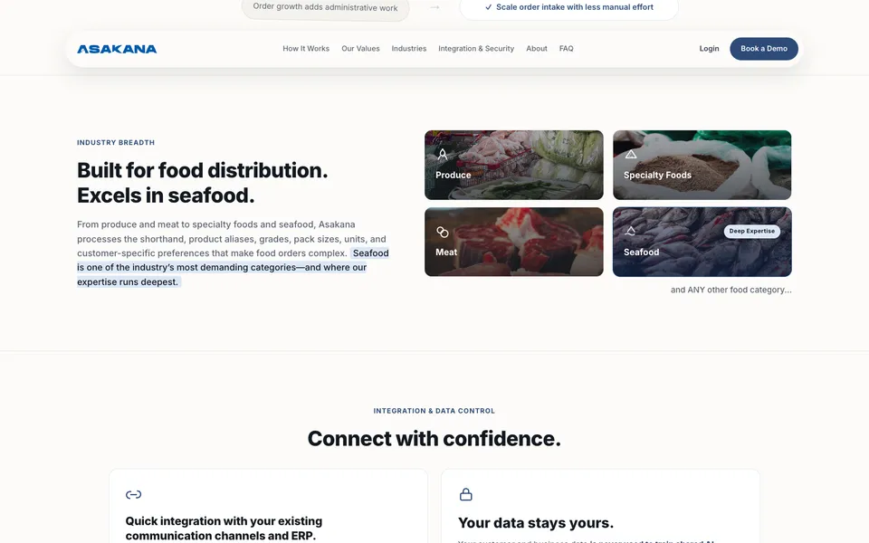Asakana mid-page homepage design evidence. Visible section: Built for food distribution. Excels in seafood. · Connect with confidence.