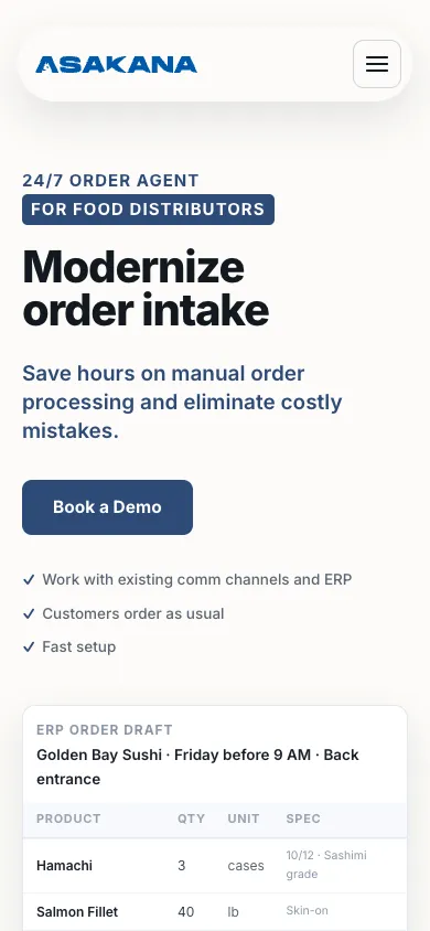 Asakana mobile homepage design evidence. Visible section: Modernize order intake