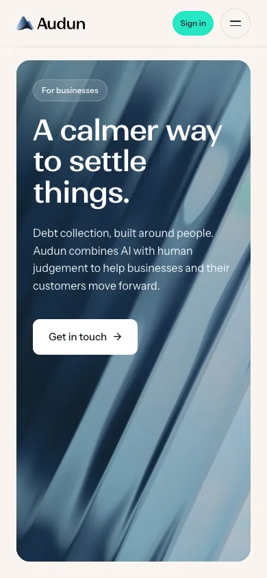 Audun mobile homepage design evidence. Visible section: A calmer way to settle things.