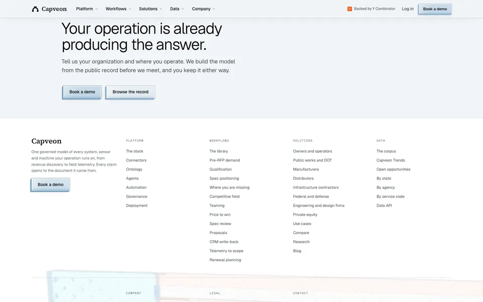 Capveon closing homepage design evidence. Closing viewport evidence; animated text state captured.