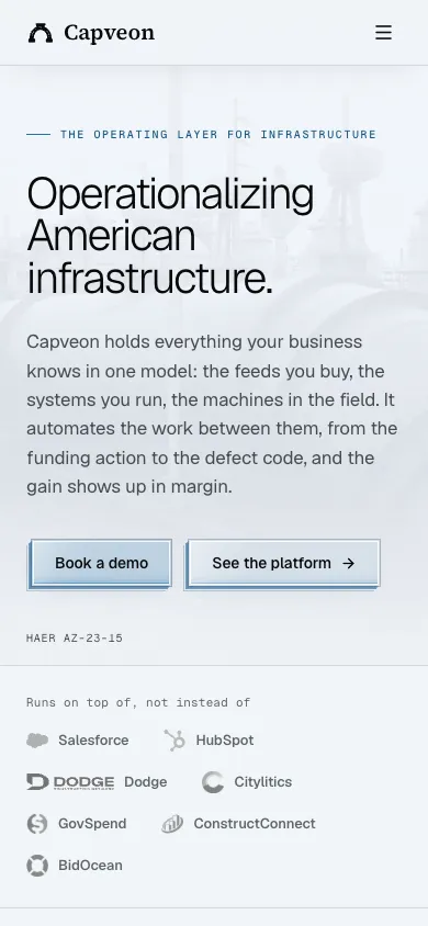 Capveon mobile homepage design evidence. Mobile viewport evidence; animated text state captured.