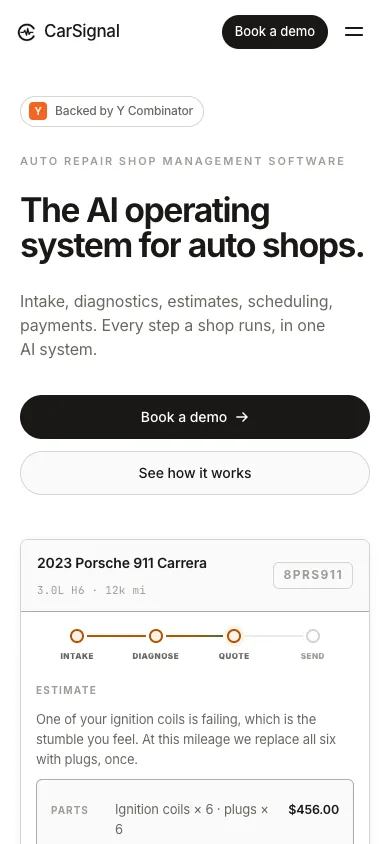 CarSignal mobile homepage design evidence. Mobile viewport evidence; animated text state captured.