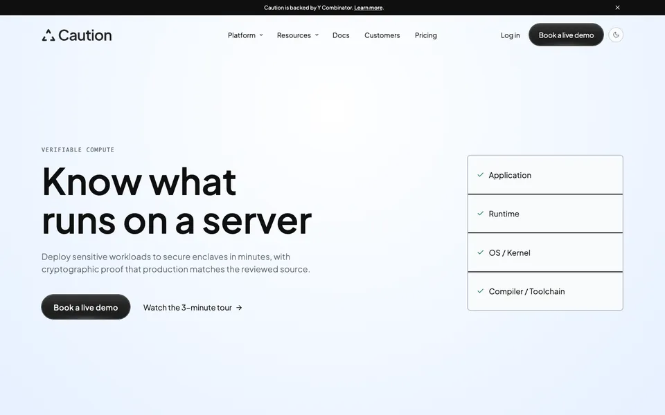 Caution hero homepage design evidence. Hero viewport evidence; animated text state captured.