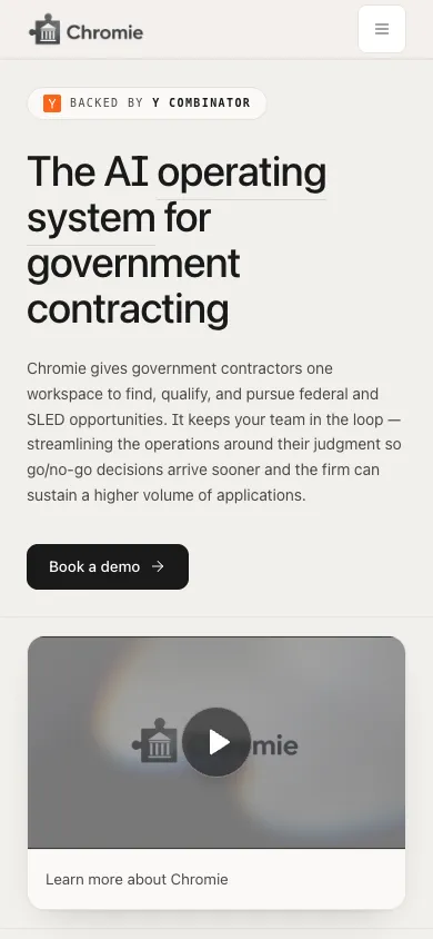 Chromie mobile homepage design evidence. Mobile viewport evidence; animated text state captured.