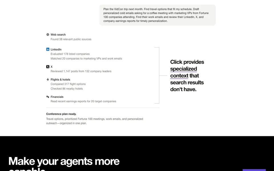 Click closing homepage design evidence. Visible section: Make your agents more capable.