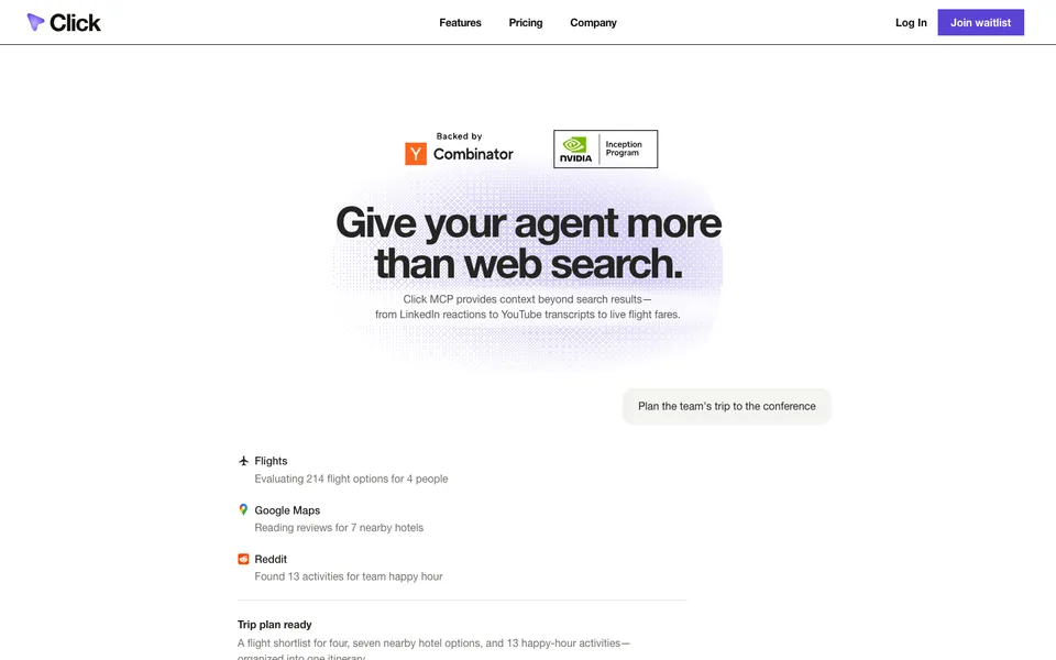 Click hero homepage design evidence. Visible section: Give your agent more than web search.