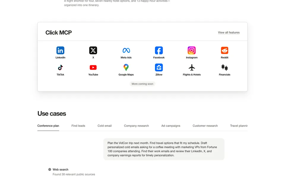 Click mid-page homepage design evidence. Visible section: Click MCP · Use cases