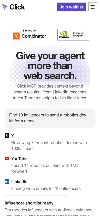 Click mobile homepage design evidence. Visible section: Give your agent more than web search.