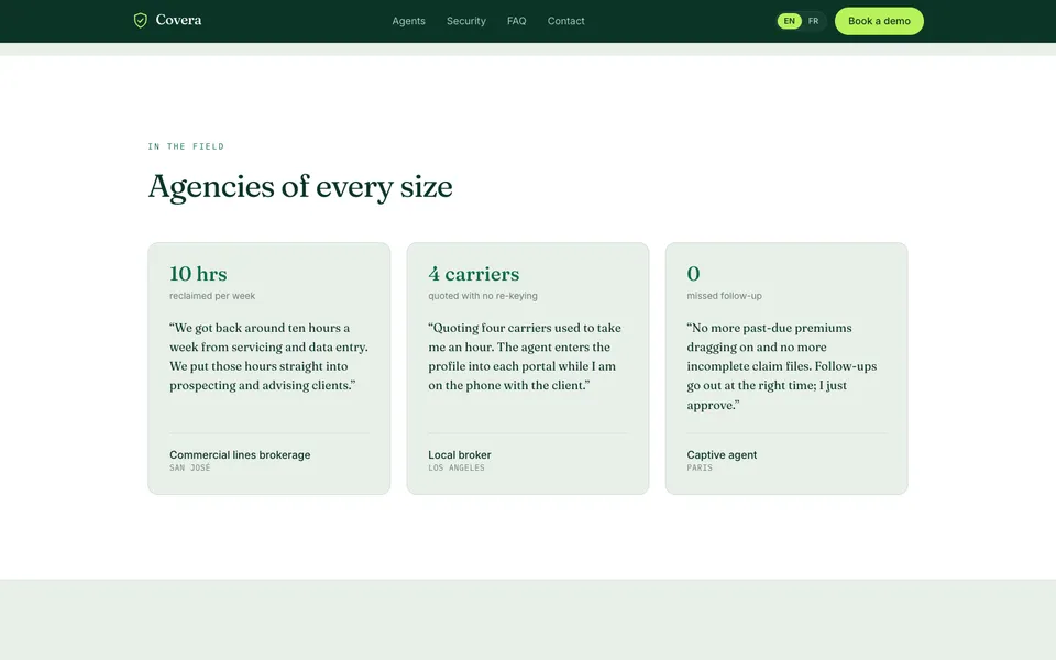 Covera mid-page homepage design evidence. Visible section: Agencies of every size