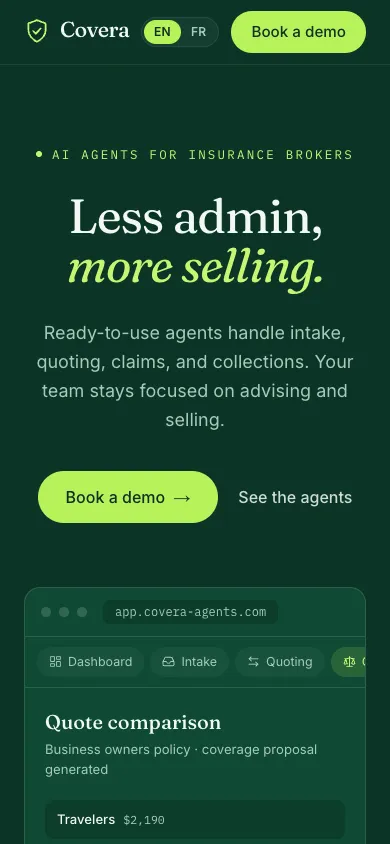 Covera mobile homepage design evidence. Visible section: Less admin, more selling. · Quote comparison