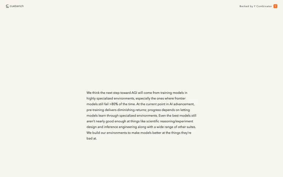 CueBench closing homepage design evidence. Closing viewport evidence