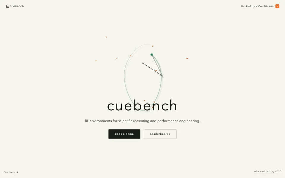 CueBench hero homepage design evidence. Visible section: cuebench