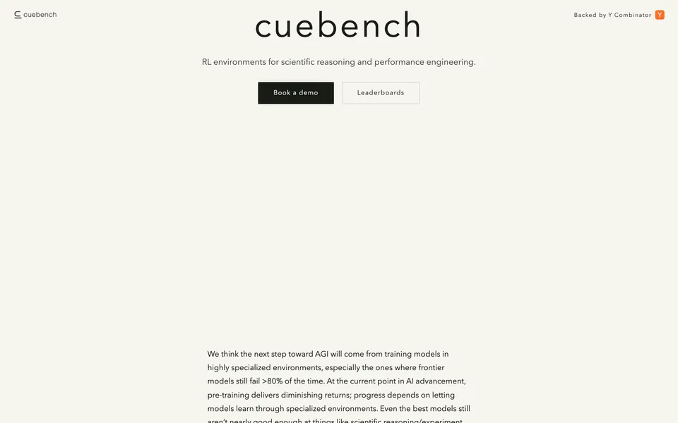 CueBench mid-page homepage design evidence. Visible section: cuebench