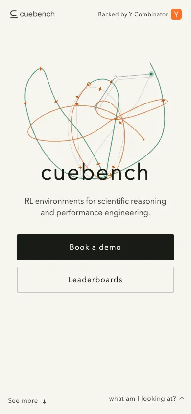 CueBench mobile homepage design evidence. Visible section: cuebench