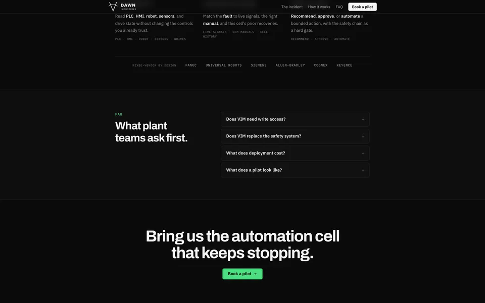 Dawn Industries closing homepage design evidence. Closing viewport evidence; animated text state captured.