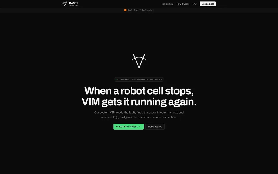 Dawn Industries hero homepage design evidence. Hero viewport evidence; animated text state captured.