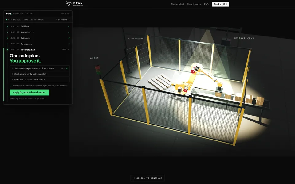 Dawn Industries mid-page homepage design evidence. Mid-page viewport evidence; animated text state captured.