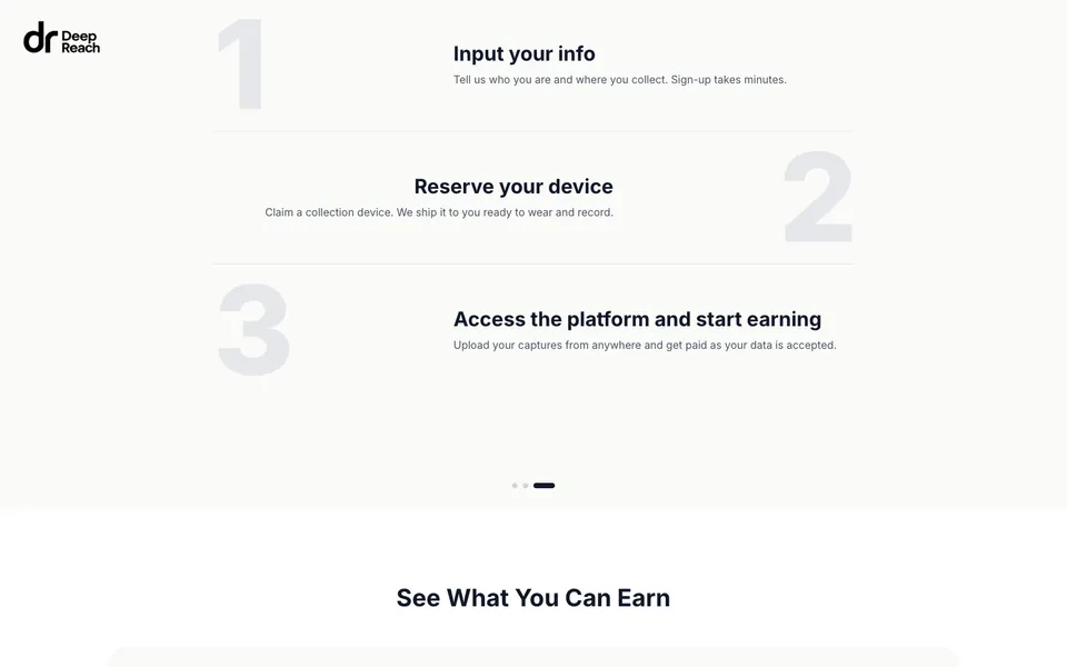 DeepReach Inc. mid-page homepage design evidence. Visible section: Input your info · Reserve your device