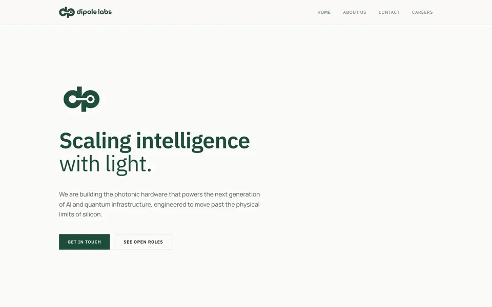 Dipole Labs hero homepage design evidence. Hero viewport evidence; animated text state captured.