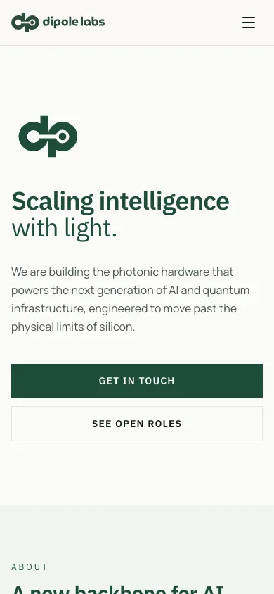 Dipole Labs mobile homepage design evidence. Mobile viewport evidence; animated text state captured.