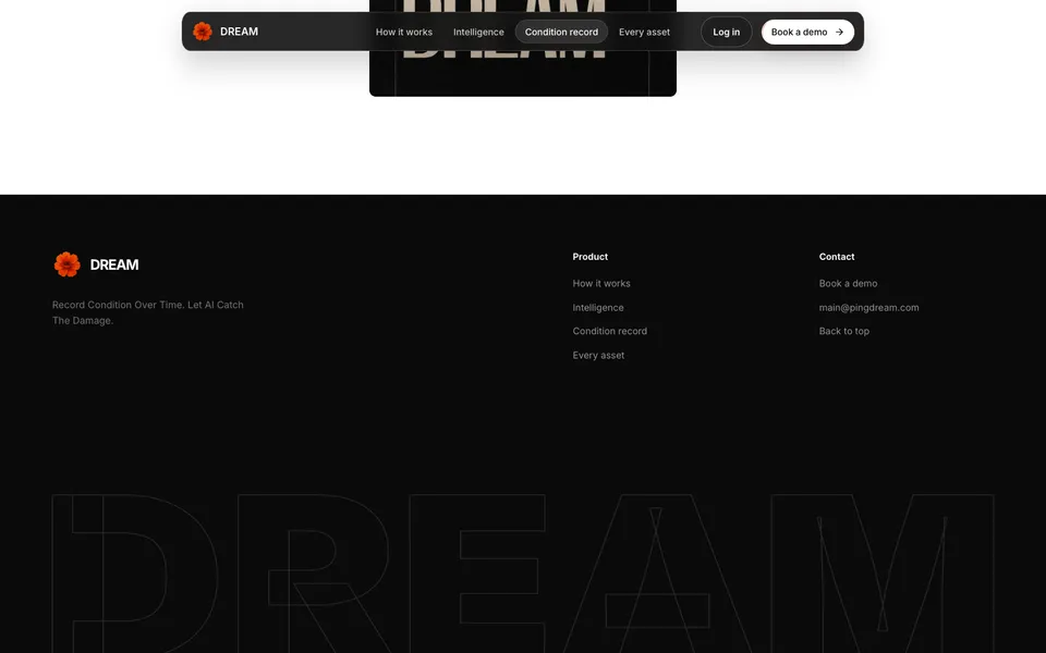 Dream closing homepage design evidence. Closing viewport evidence; animated text state captured.