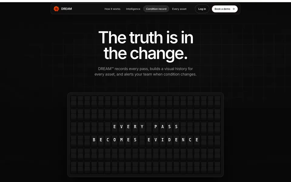 Dream mid-page homepage design evidence. Mid-page viewport evidence; animated text state captured.