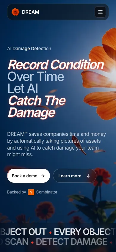 Dream mobile homepage design evidence. Mobile viewport evidence; animated text state captured.