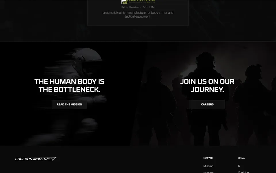 Edgerun closing homepage design evidence. Closing viewport evidence; animated text state captured.