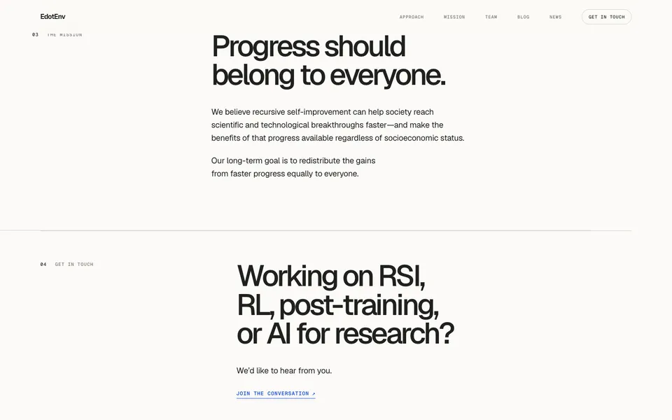 EdotEnv closing homepage design evidence. Visible section: Progress should belong to everyone. · Working on RSI, RL, post-training, or AI for research?