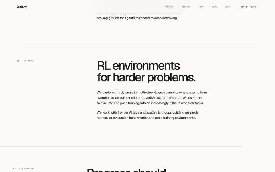 EdotEnv mid-page homepage design evidence. Visible section: RL environments for harder problems.