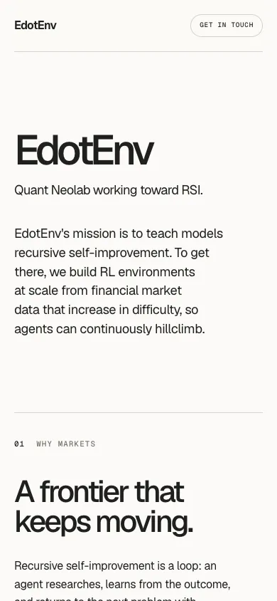 EdotEnv mobile homepage design evidence. Visible section: EdotEnv · A frontier that keeps moving.