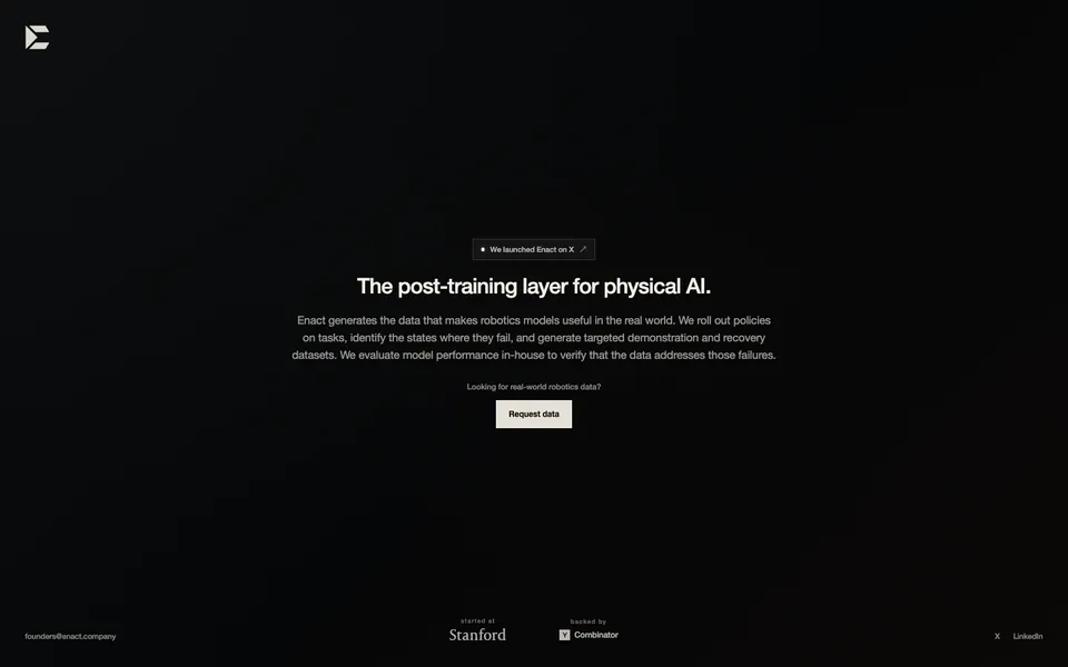Enact hero homepage design evidence. Visible section: The post-training layer for physical AI.